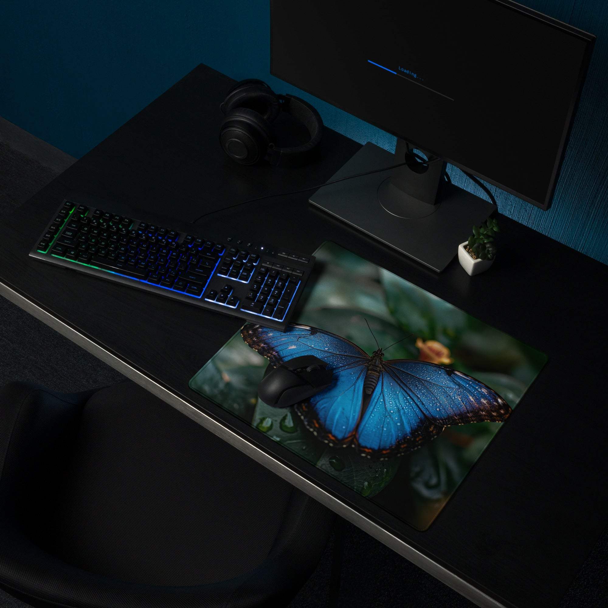 Vibrant blue butterfly large gaming mouse pad with detailed wings glossy finish