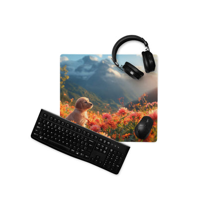 Vivid floral field with playful golden puppy gaming mouse pad, black keyboard and mouse on top