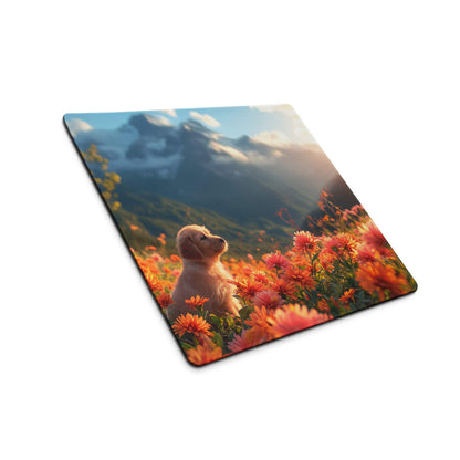 Vivid floral field with playful golden puppy large gaming mouse pad
