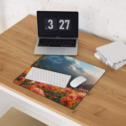 Vivid Floral Field gaming mouse pad with puppy, orange pink blossoms on desk