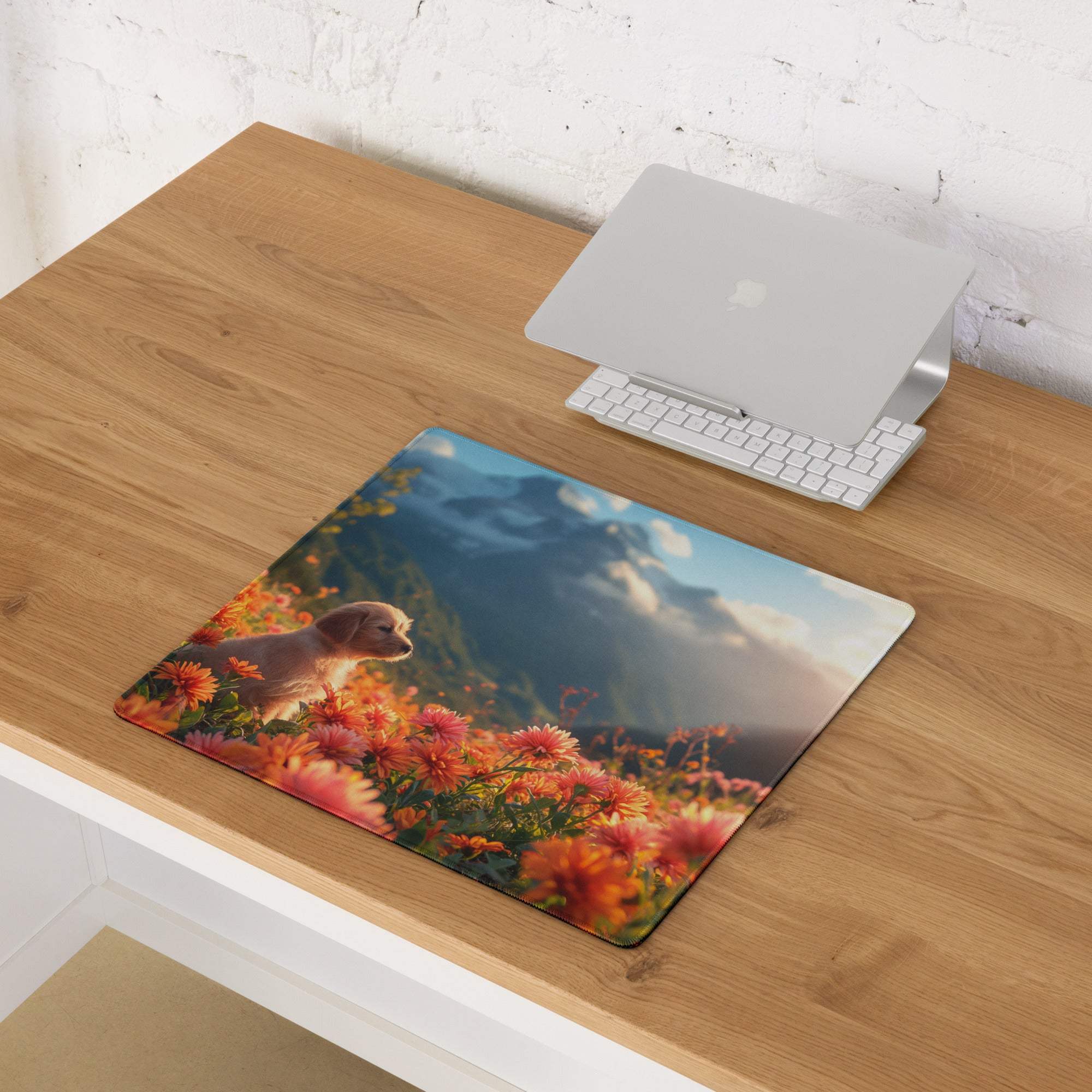 Vivid floral field with playful puppy large gaming mouse pad