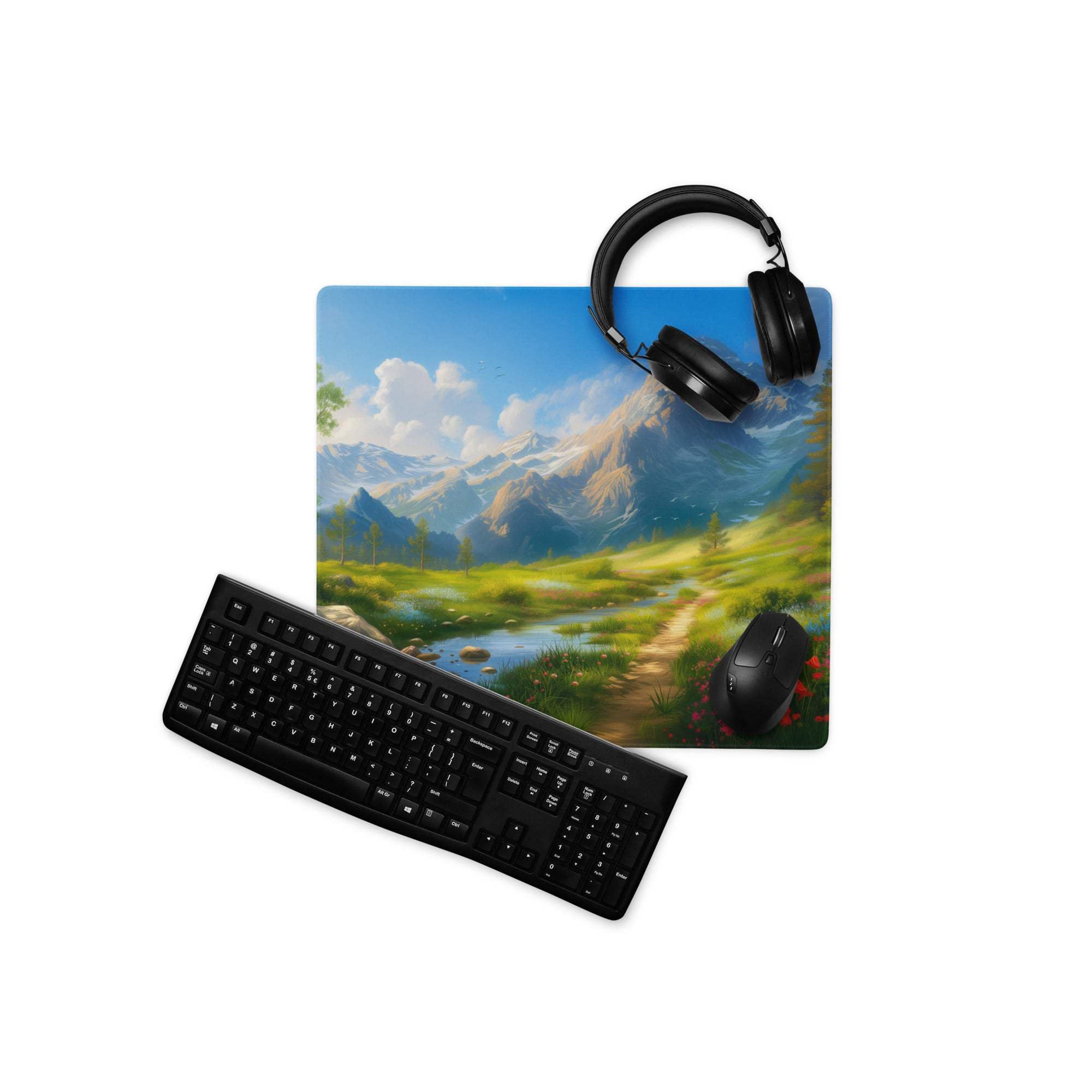 Black keyboard and mouse on Serene Mountain Landscape gaming mousepad