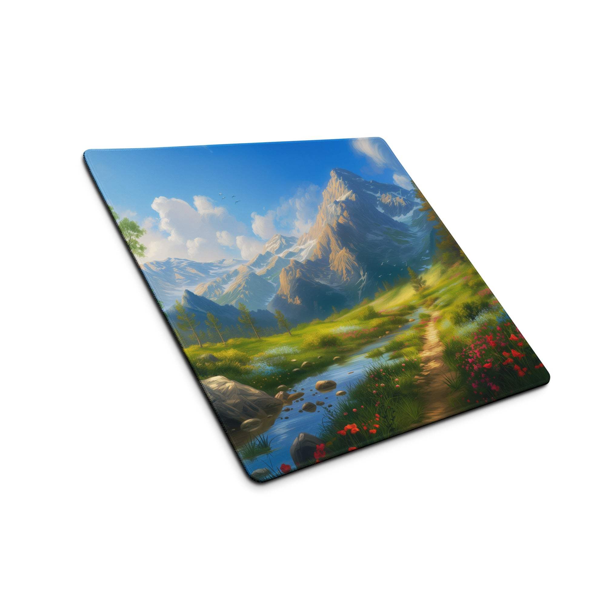 Serene mountain landscape square gaming mouse pad with non-slip backing