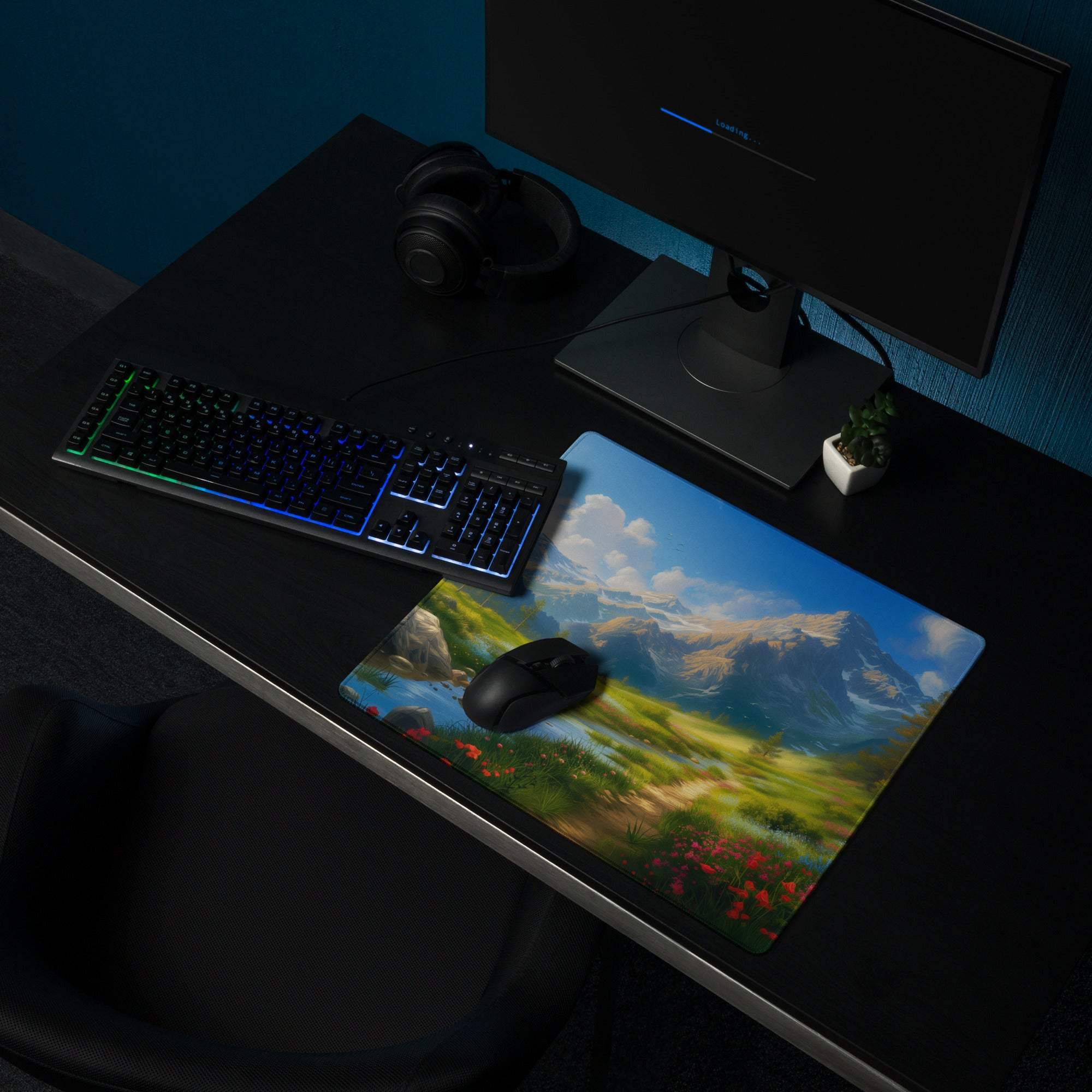 Serene mountain landscape gaming mouse pad with non-slip backing