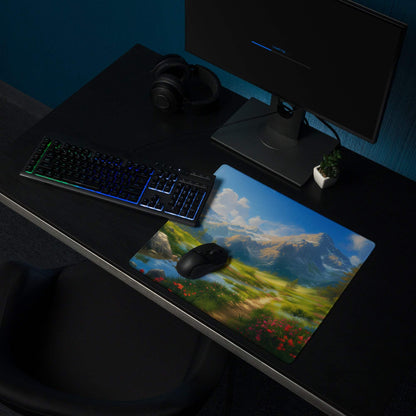 Serene mountain landscape gaming mouse pad with non-slip backing