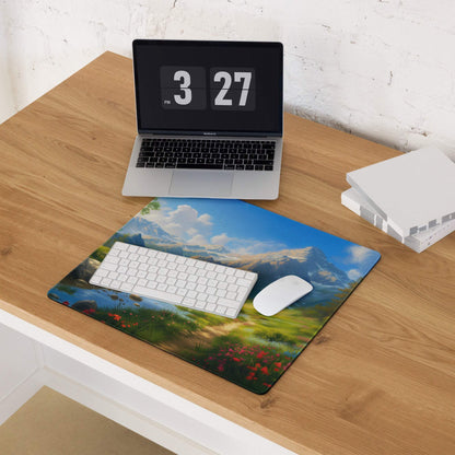 Serene mountain landscape gaming mouse pad with non-slip backing