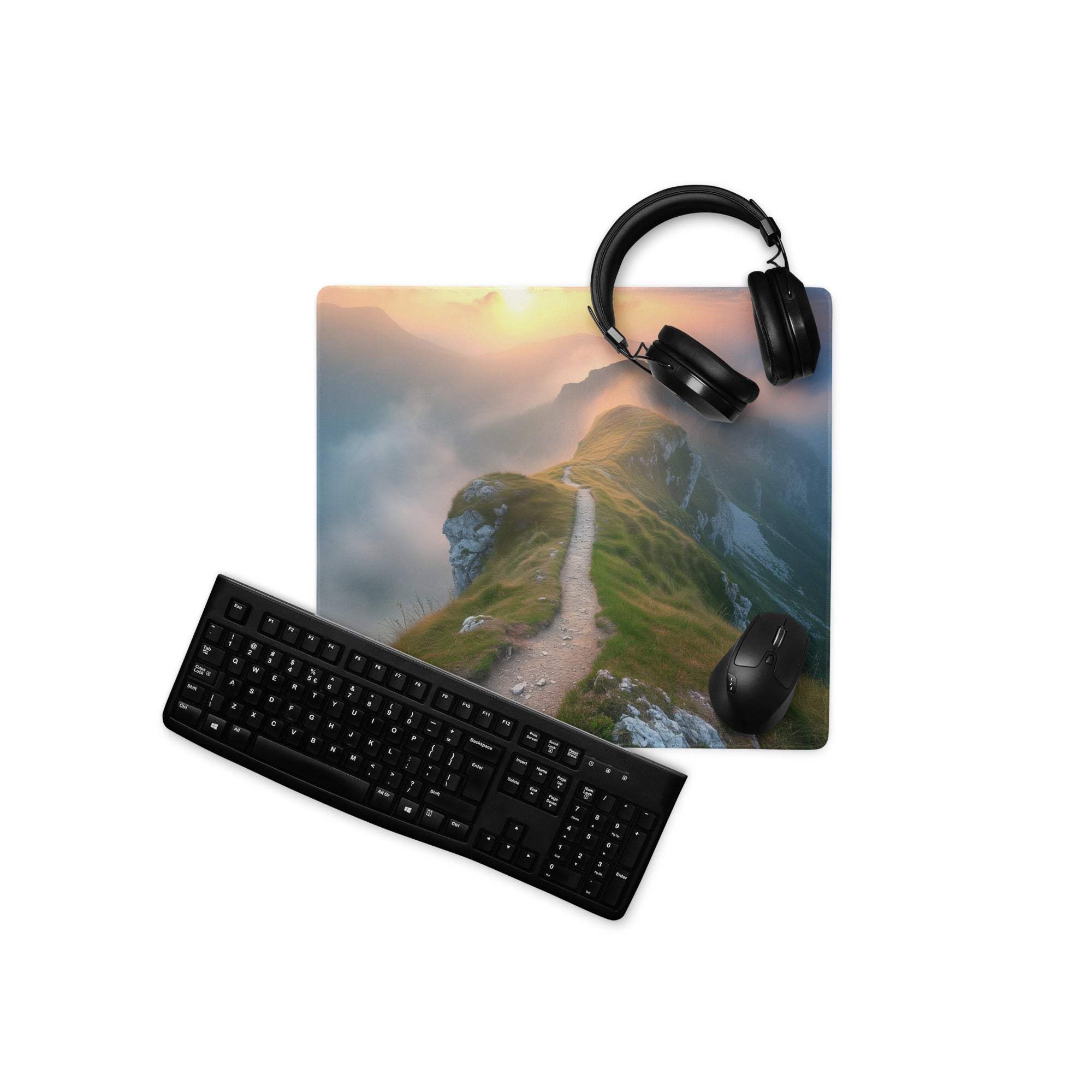 Black matte QWERTY keyboard on Vibrant Sunrise Mountain gaming mouse pad