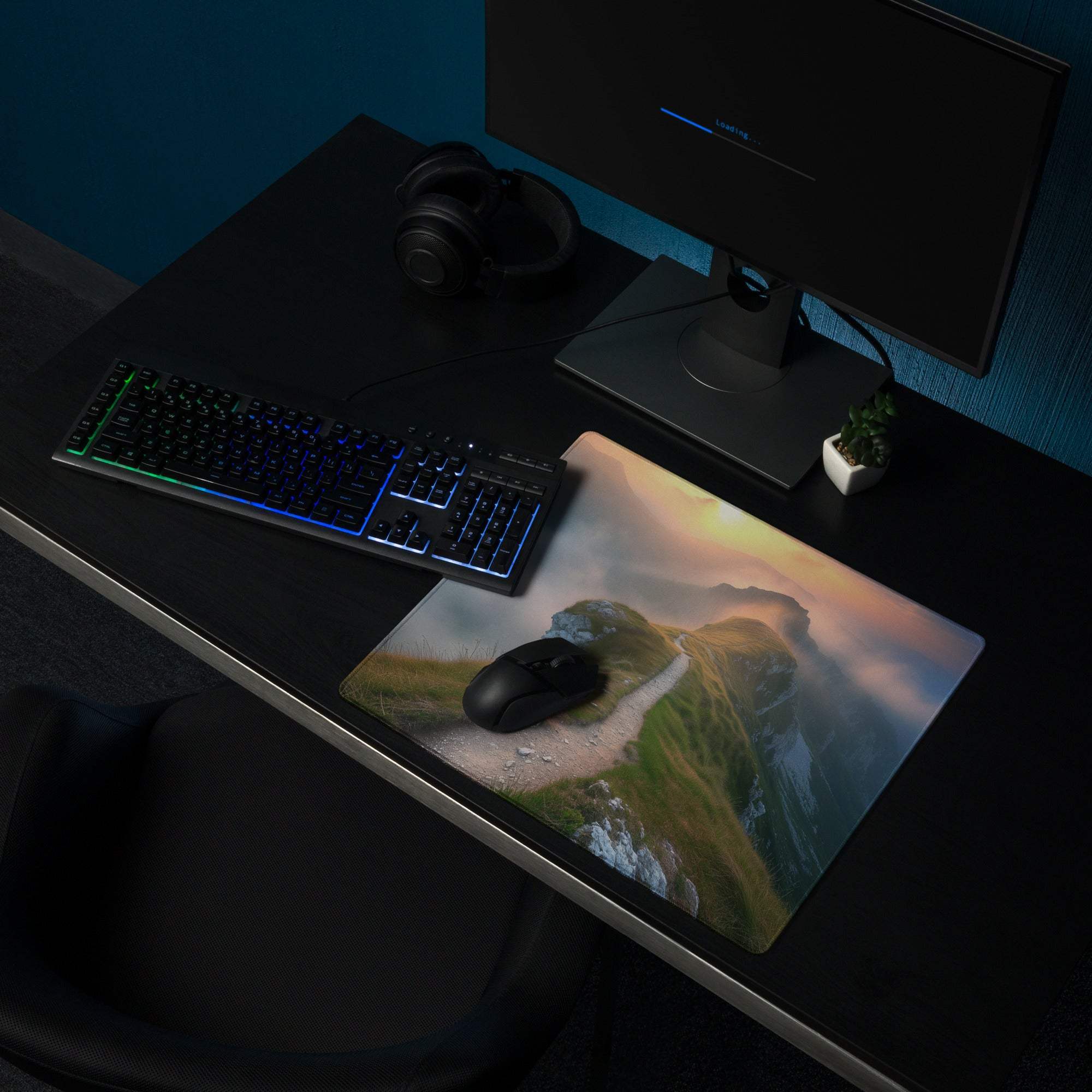 Vibrant sunrise mountain ridge gaming mouse pad with non-slip backing