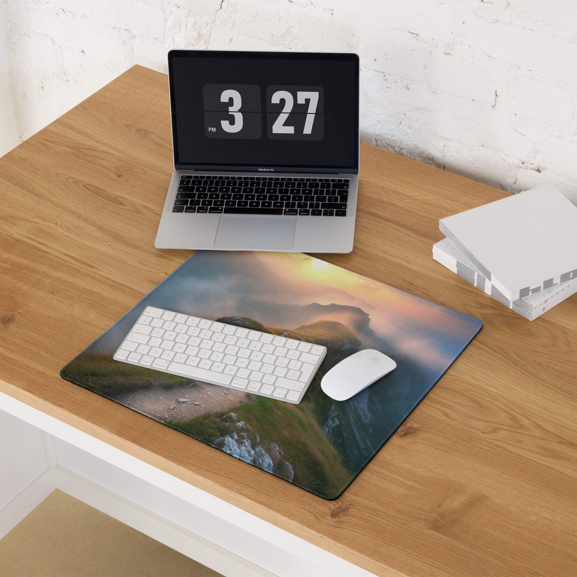Vibrant sunrise mountain ridge gaming mouse pad with non-slip backing