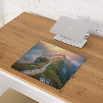 Vibrant sunrise mountain ridge gaming mouse pad with misty peaks and non-slip backing