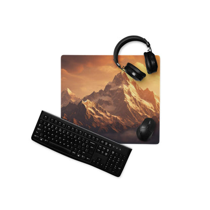 Black gaming headset on Epic Mountain Sunset mouse pad with orange sky