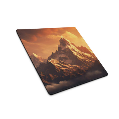Epic Mountain Sunset square gaming mouse pad with vivid snow-capped peaks