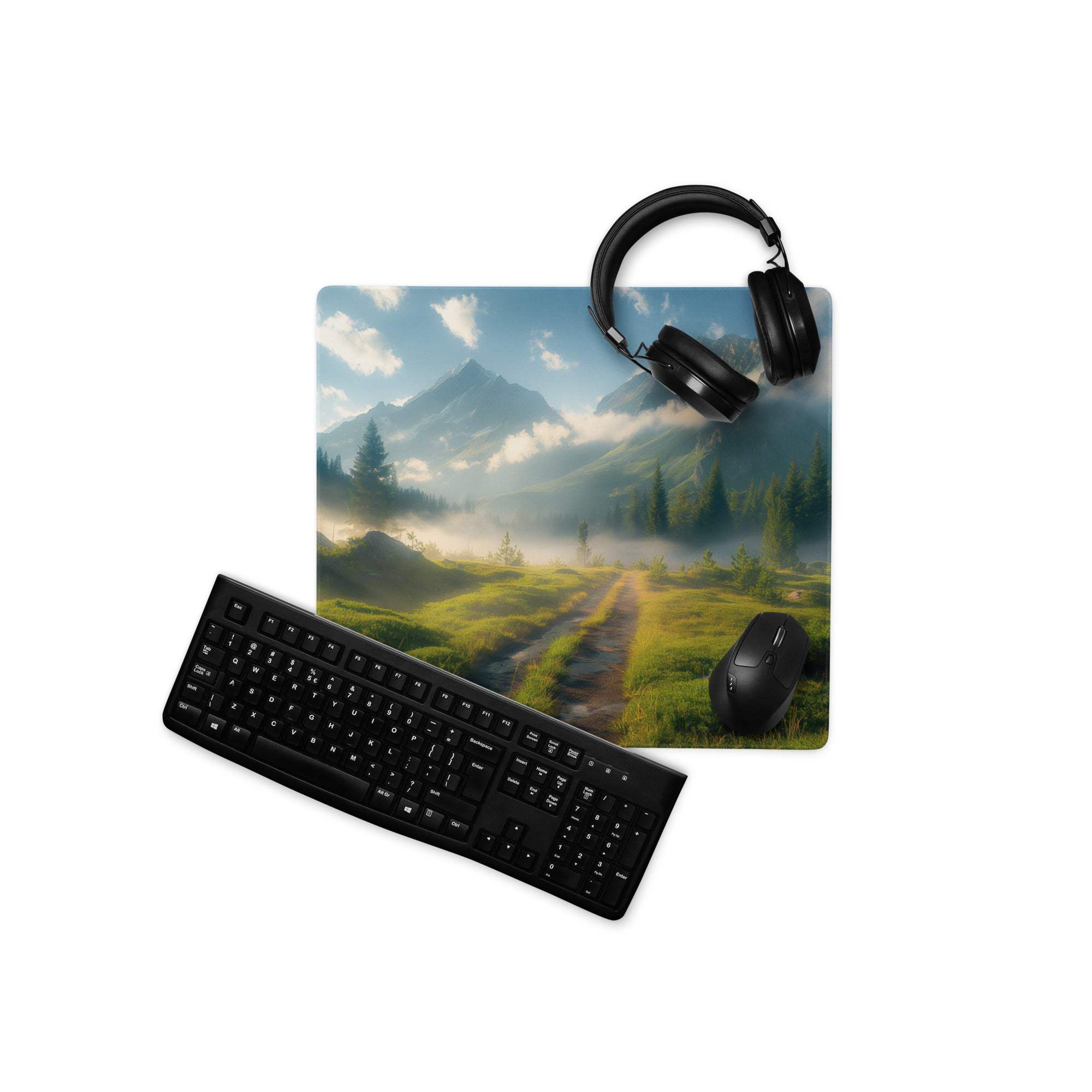 Black matte finish keyboard on Serene Mountain Landscape mouse pad