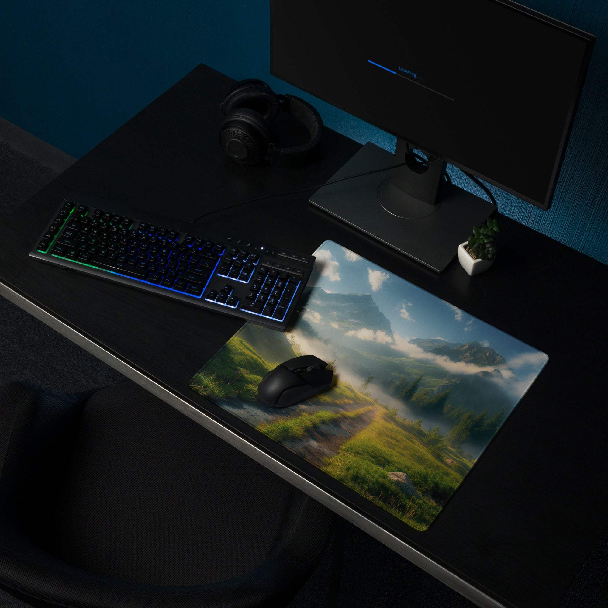 Serene Mountain Landscape Gaming Mouse Pad with vibrant green blue scenery