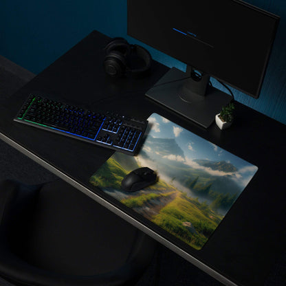 Serene Mountain Landscape Gaming Mouse Pad with vibrant green blue scenery