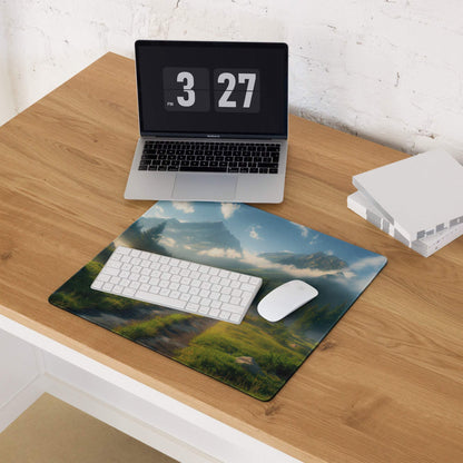 Serene mountain landscape gaming mouse pad with misty peaks and non-slip base