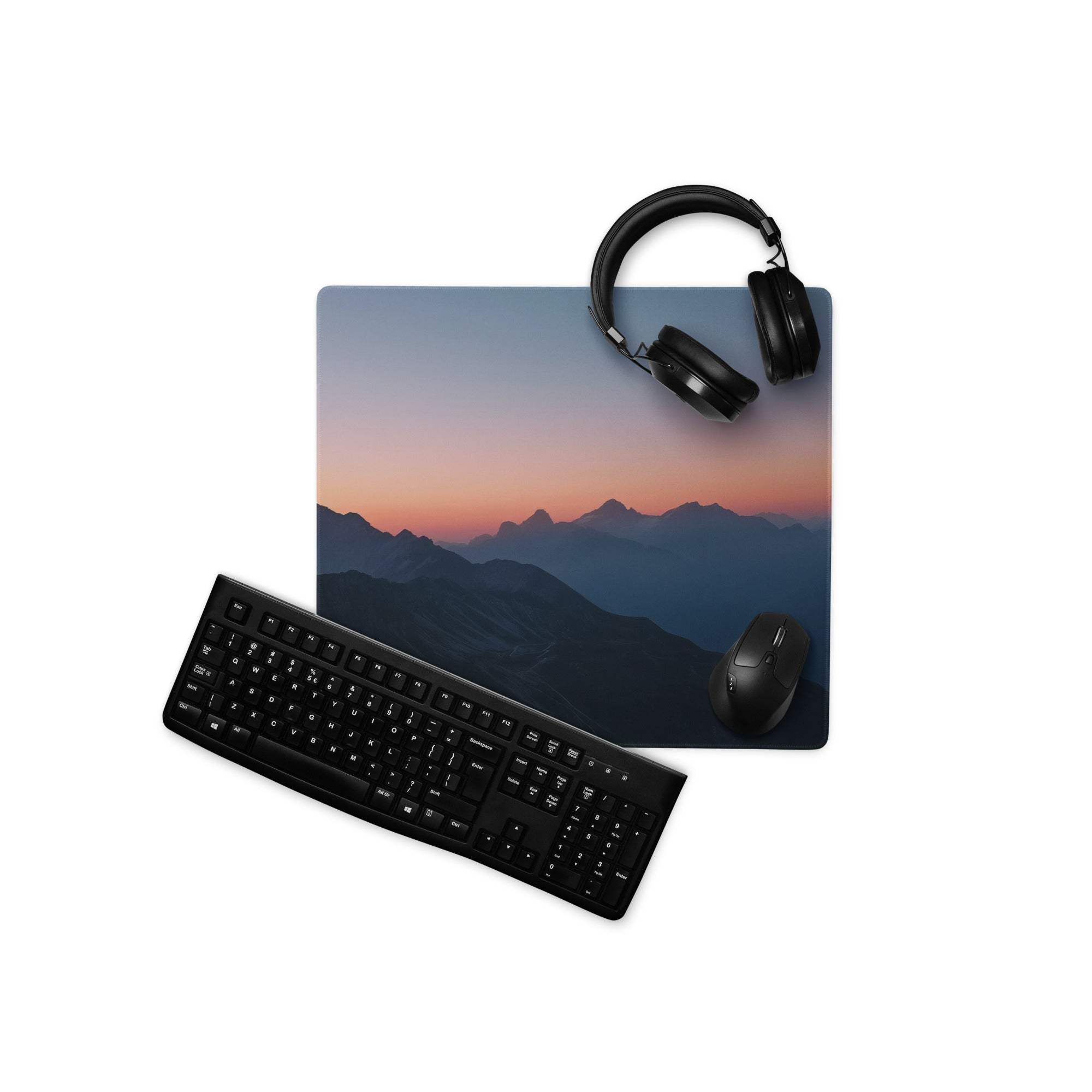 Black matte keyboard on Minimalist Mountain Sunset orange mouse pad