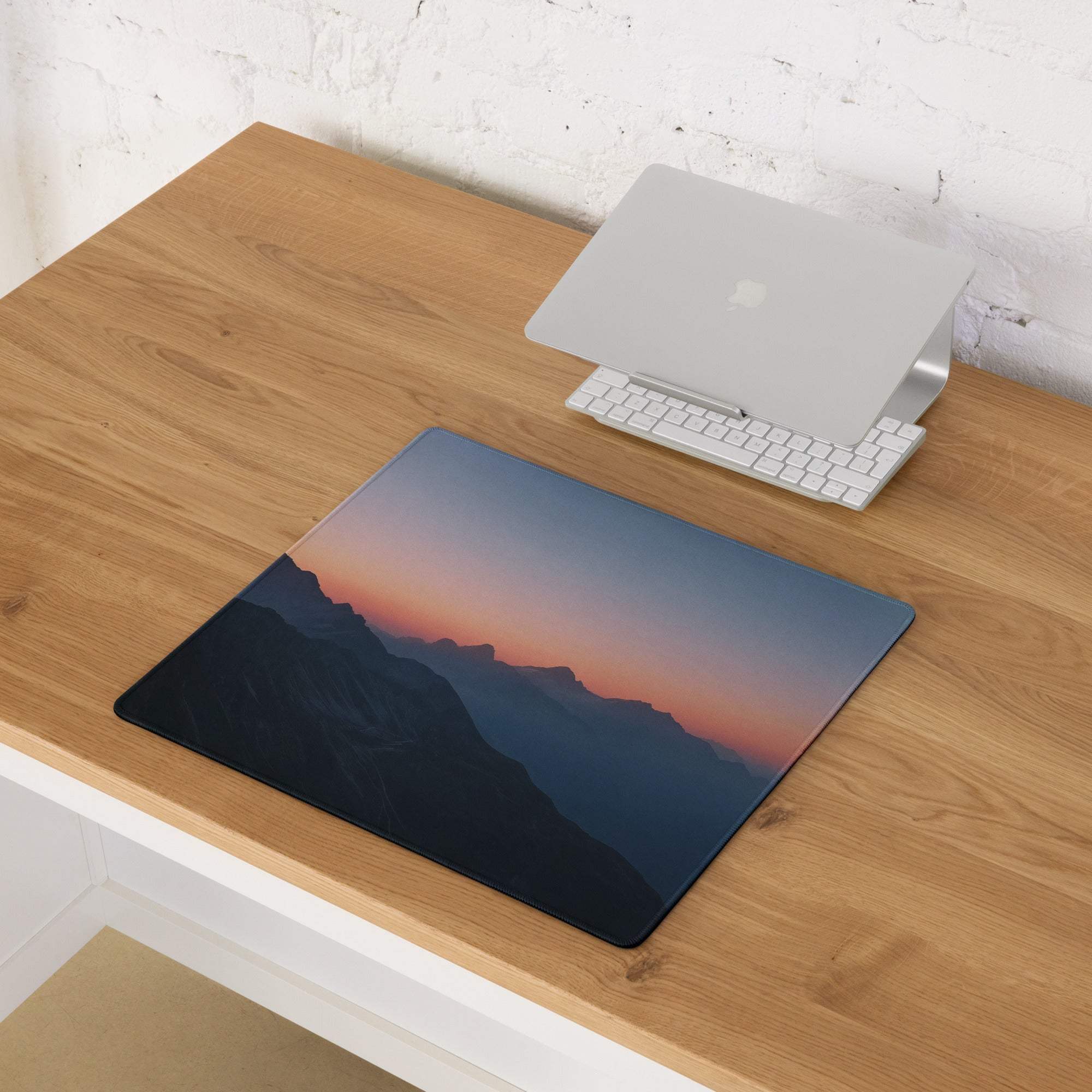 Minimalist mountain sunset warm orange large gaming mouse pad with gradient blue pink orange peaks