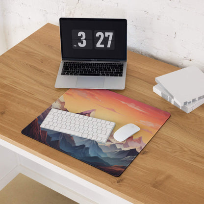 Vibrant mountain sunset mouse pad with non-slip backing and stitched edges