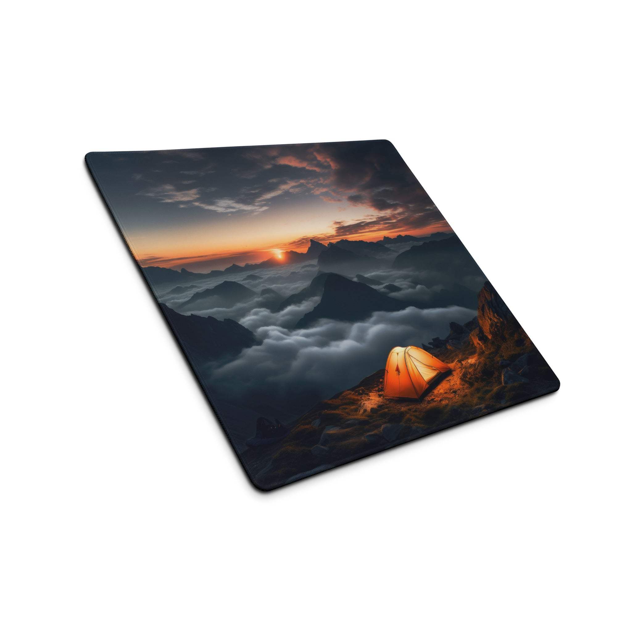 Epic Mountain Sunrise large gaming mouse pad with orange tent sunset scene