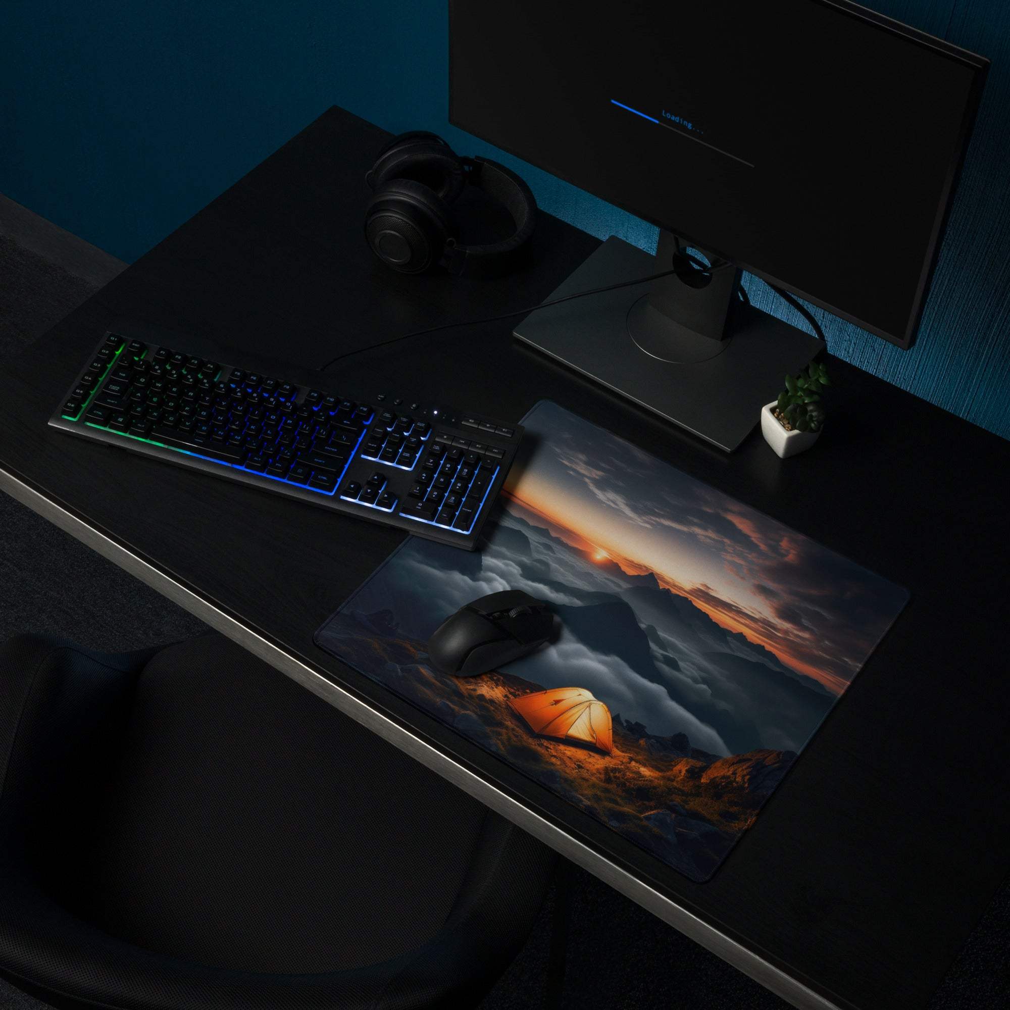 Epic Mountain Sunrise gaming mouse pad with orange sunset mountains and tent