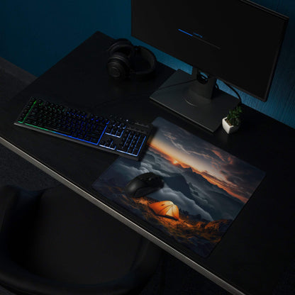Epic Mountain Sunrise gaming mouse pad with orange sunset mountains and tent