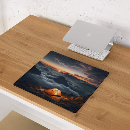 Epic Mountain Sunrise Adventure gaming mouse pad with orange sunset tent scene