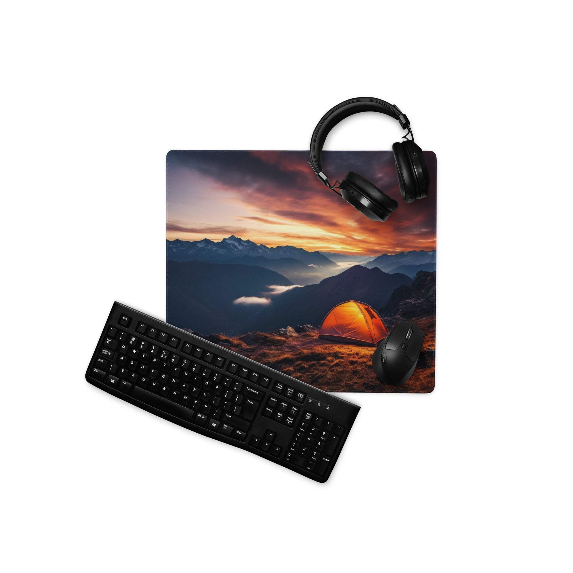 Epic large sunset mountain gaming mousepad with orange tent and headphones