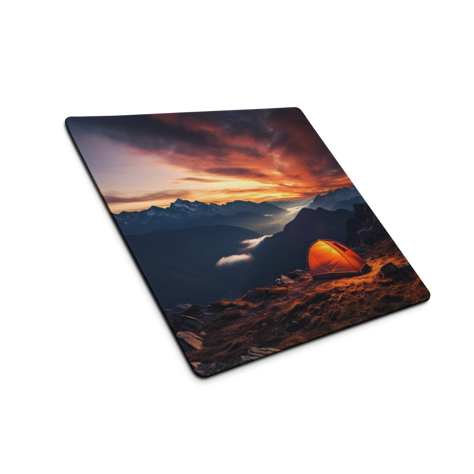 Epic large sunset mountain gaming mouse pad with orange tent