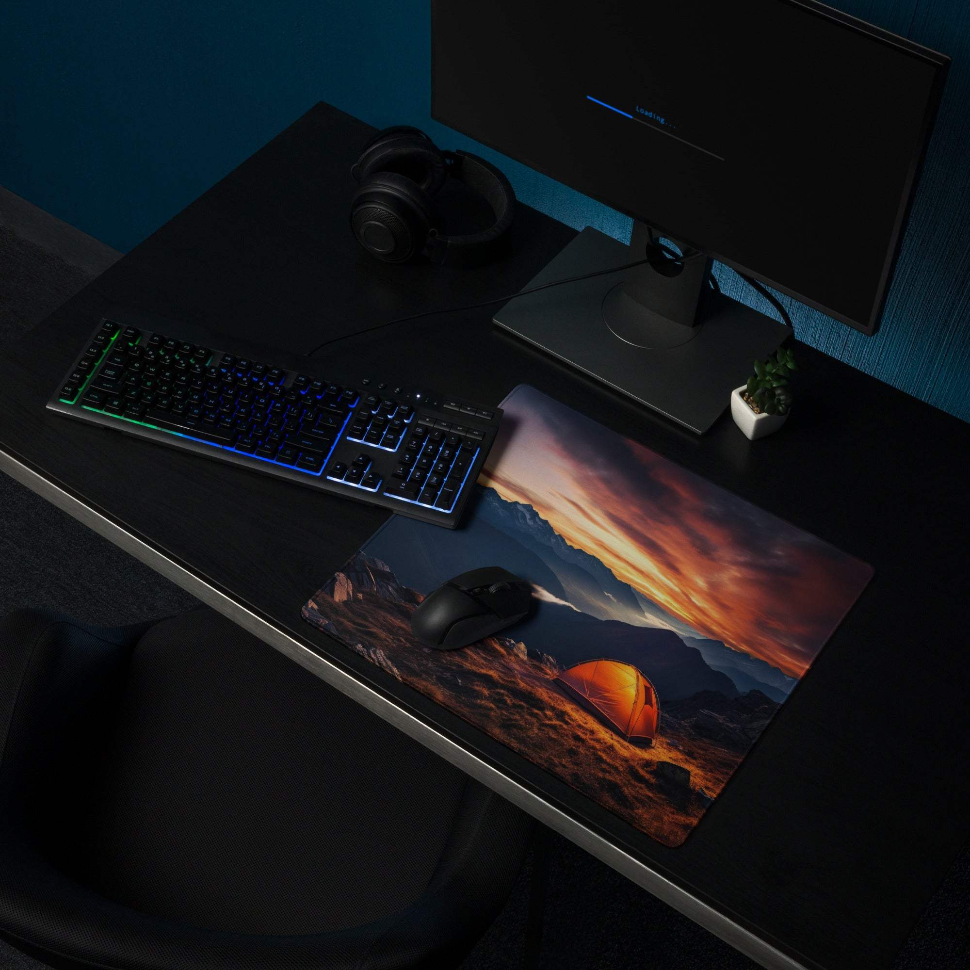 Epic large sunset mountain range gaming mouse pad with tent