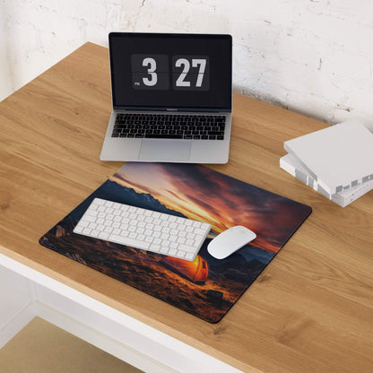 Epic large sunset mountain gaming mouse pad with orange tent, edge stitching, non-slip surface