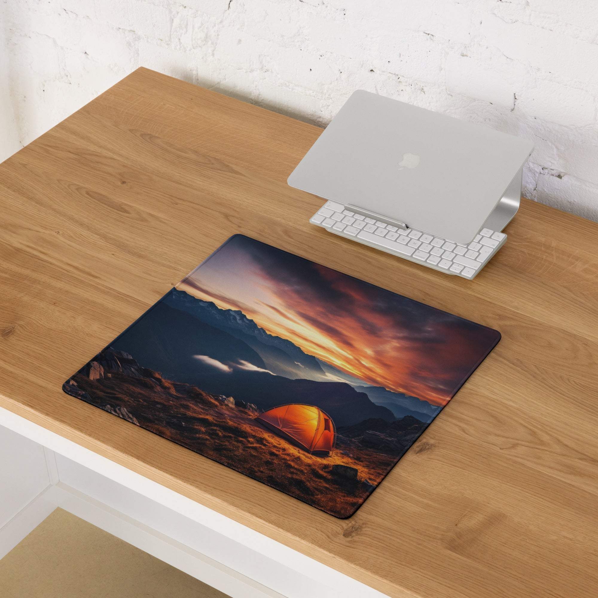 Epic large sunset mountain gaming mouse pad with orange tent, edge stitching, non-slip