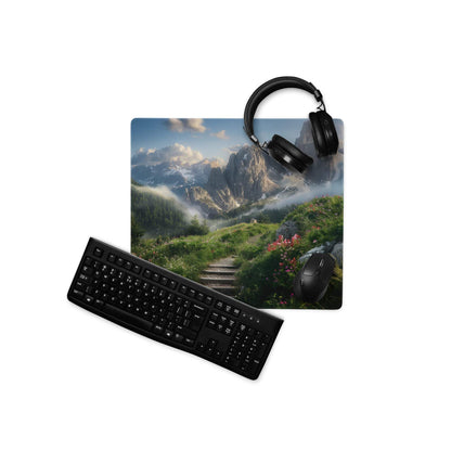 Black matte keyboard on Epic Mountain Landscape gaming mouse pad