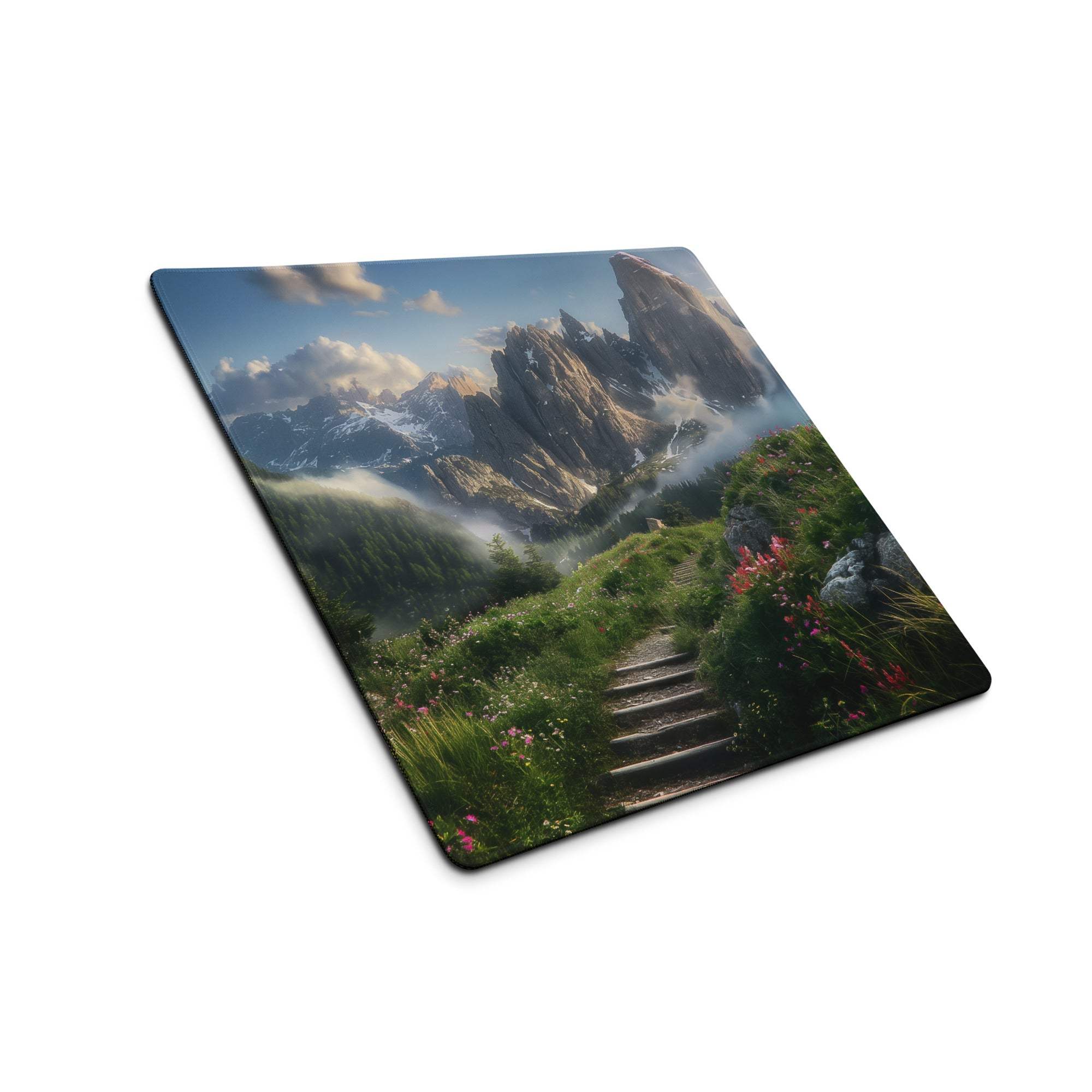 Epic mountain landscape gaming mouse pad with misty peaks, meadow, non-slip base
