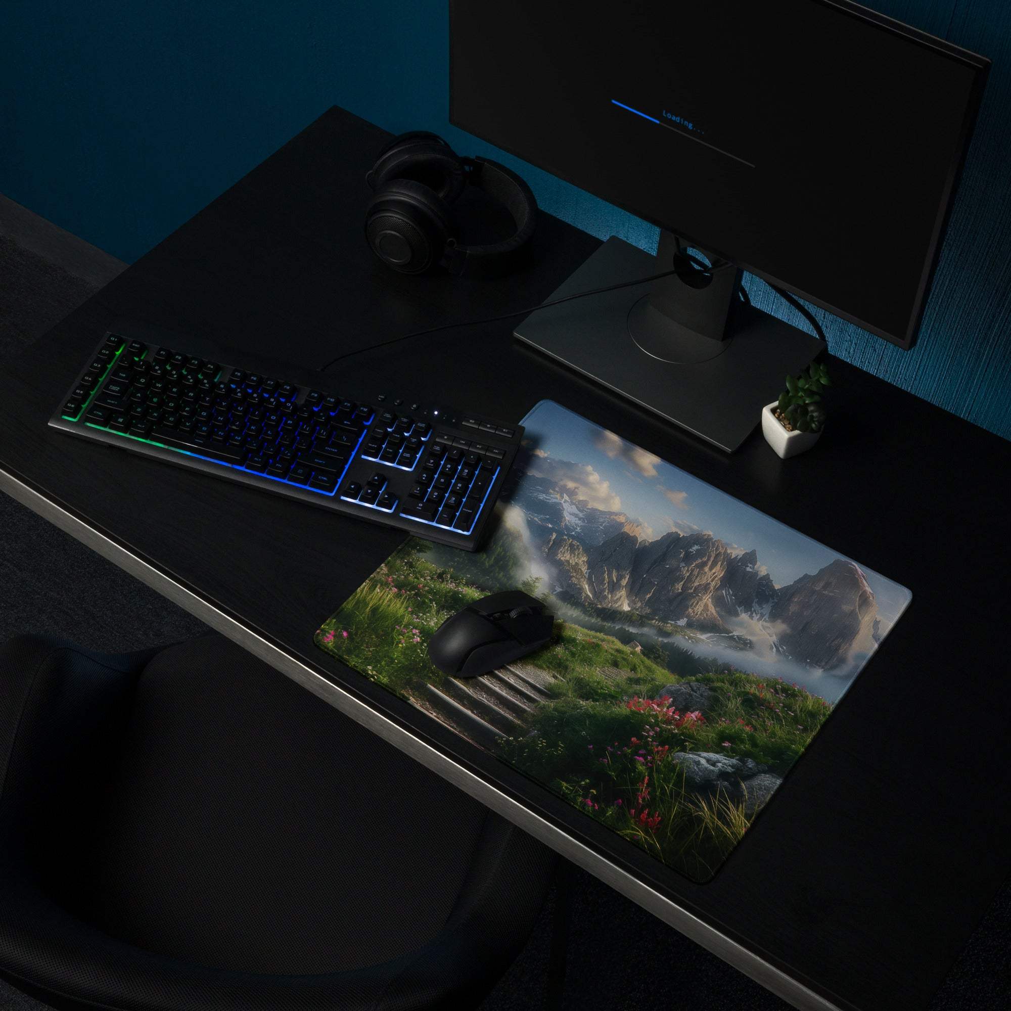 Epic mountain landscape gaming mouse pad with misty peaks, meadow and non-slip base
