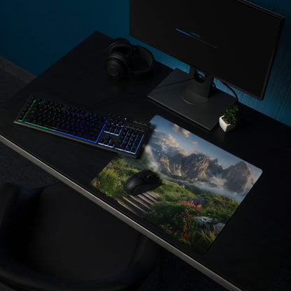 Epic mountain landscape gaming mouse pad with misty peaks, meadow and non-slip base