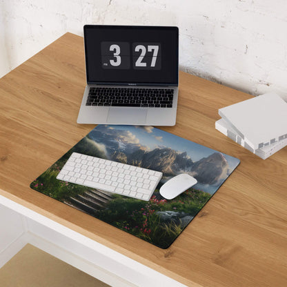 Epic mountain landscape gaming mouse pad with vibrant alpine meadow colors