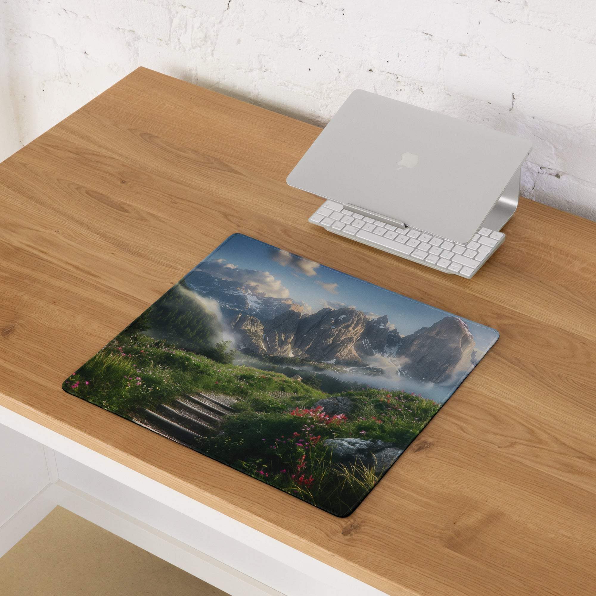 Epic mountain landscape gaming mouse pad with vibrant alpine meadow colors