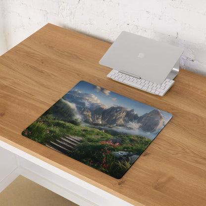 Epic mountain landscape gaming mouse pad with vibrant alpine meadow colors