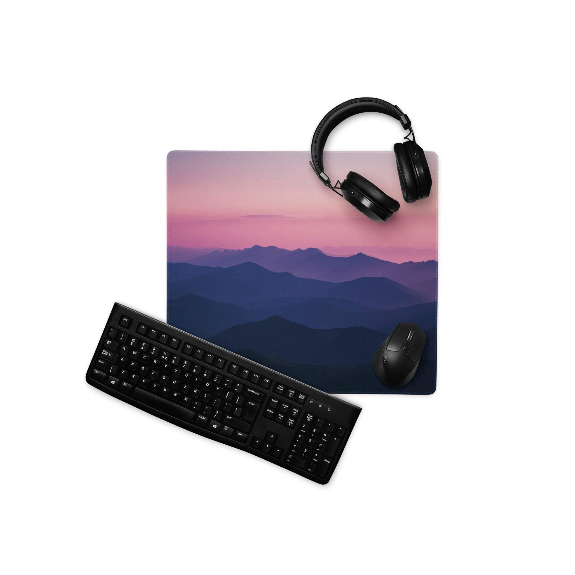 Twilight Mountain Range gaming mouse pad with serene landscape, non-slip base, stitching