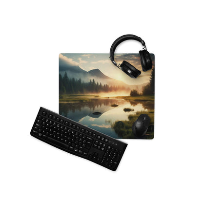 Black wireless gaming headset on Scenic Landscape Sunrise mouse pad