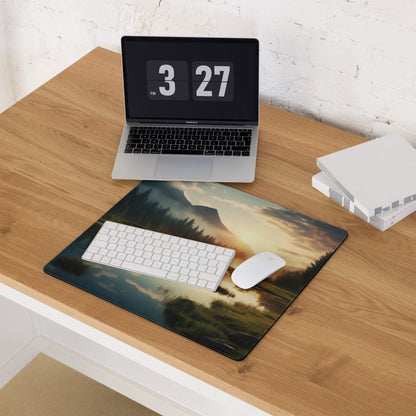 Scenic mountain sunset mouse pad with non-slip base and stitching
