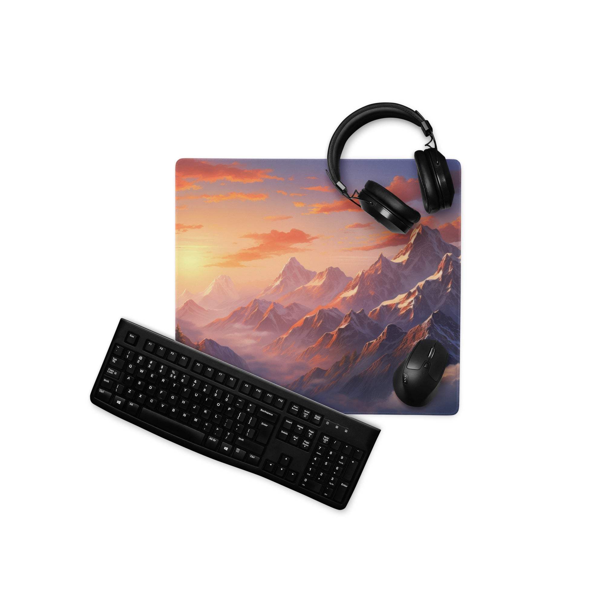 Large mountain sunset gaming mouse pad with non-slip base and vivid edge stitching