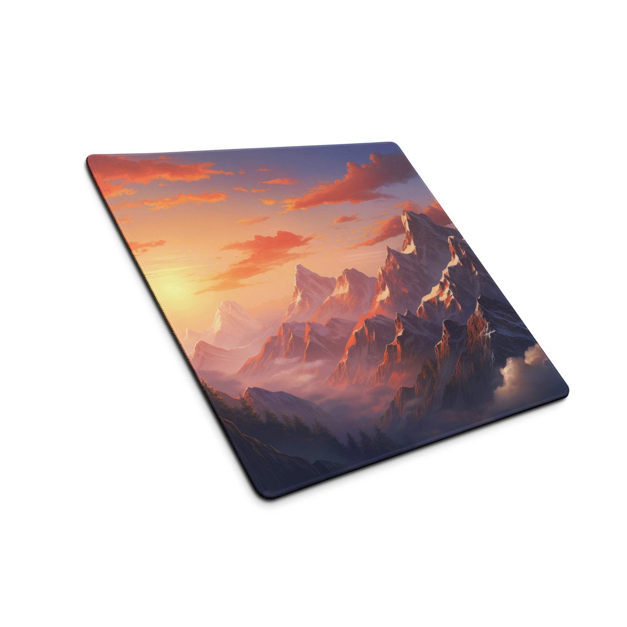 Mountain sunset gaming mouse pad with jagged peaks, non-slip base, edge stitching