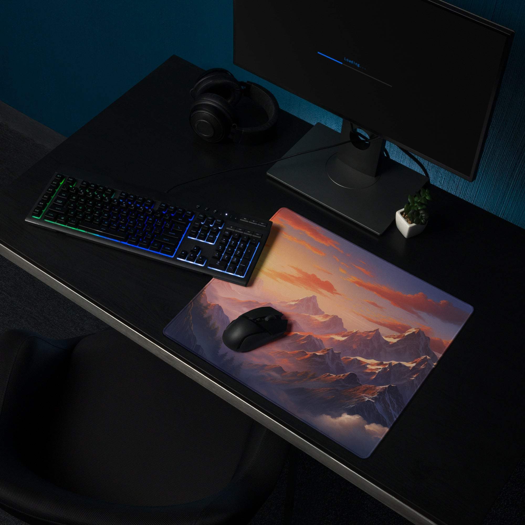 Large mountain sunset gaming mouse pad with non-slip base and vivid stitching