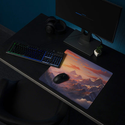 Large mountain sunset gaming mouse pad with non-slip base and vivid stitching