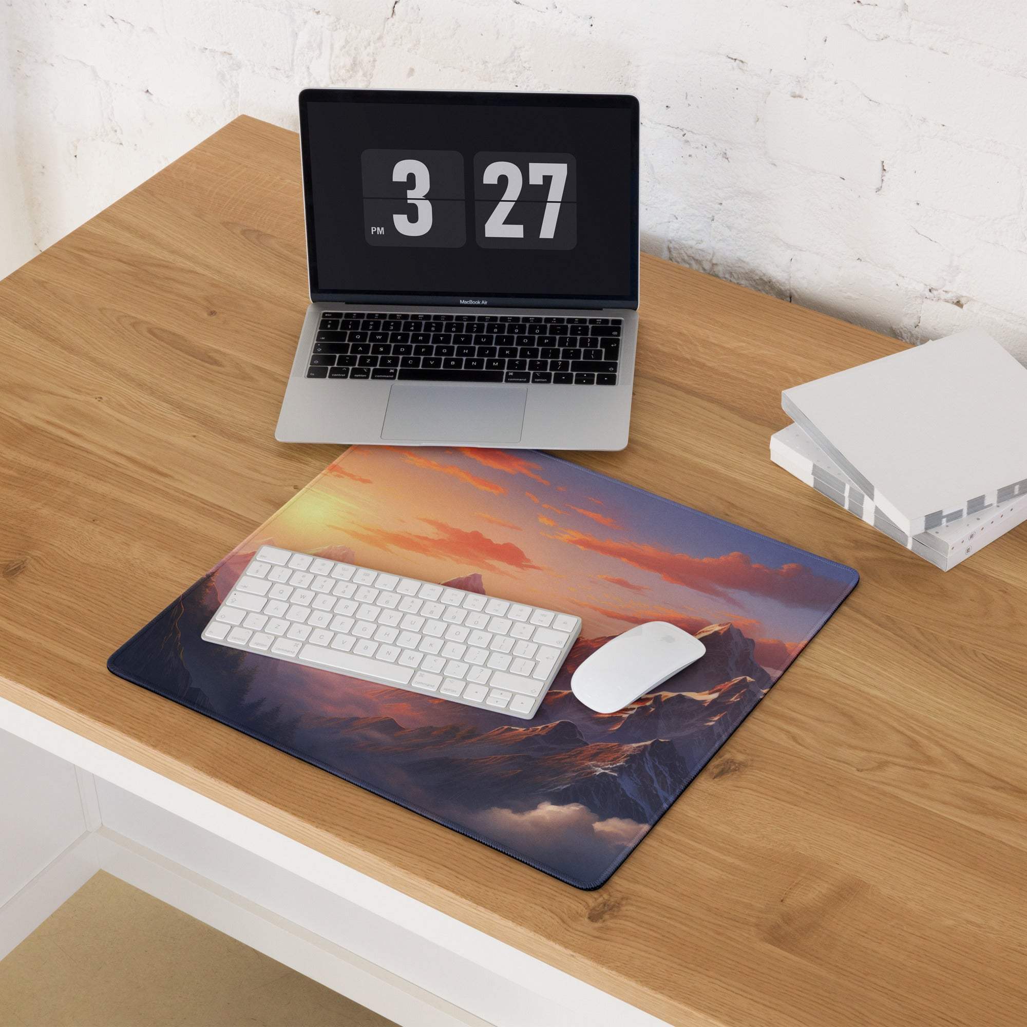 Large Mountain Sunset gaming mouse pad with non-slip base and vivid edge stitching