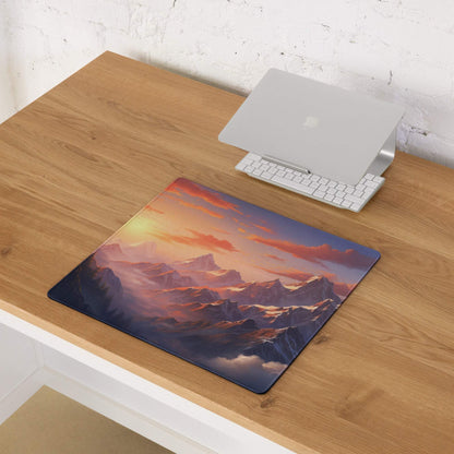 Large mountain sunset gaming mouse pad with non-slip base and vivid edge stitching