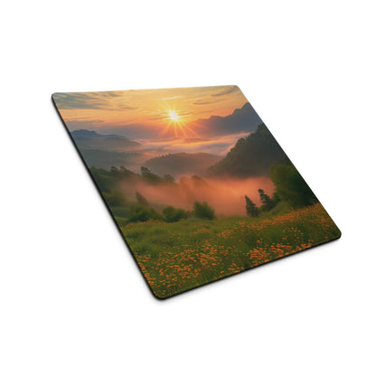 Premium edge-stitched large non-slip gaming mouse pad with mountain sunrise