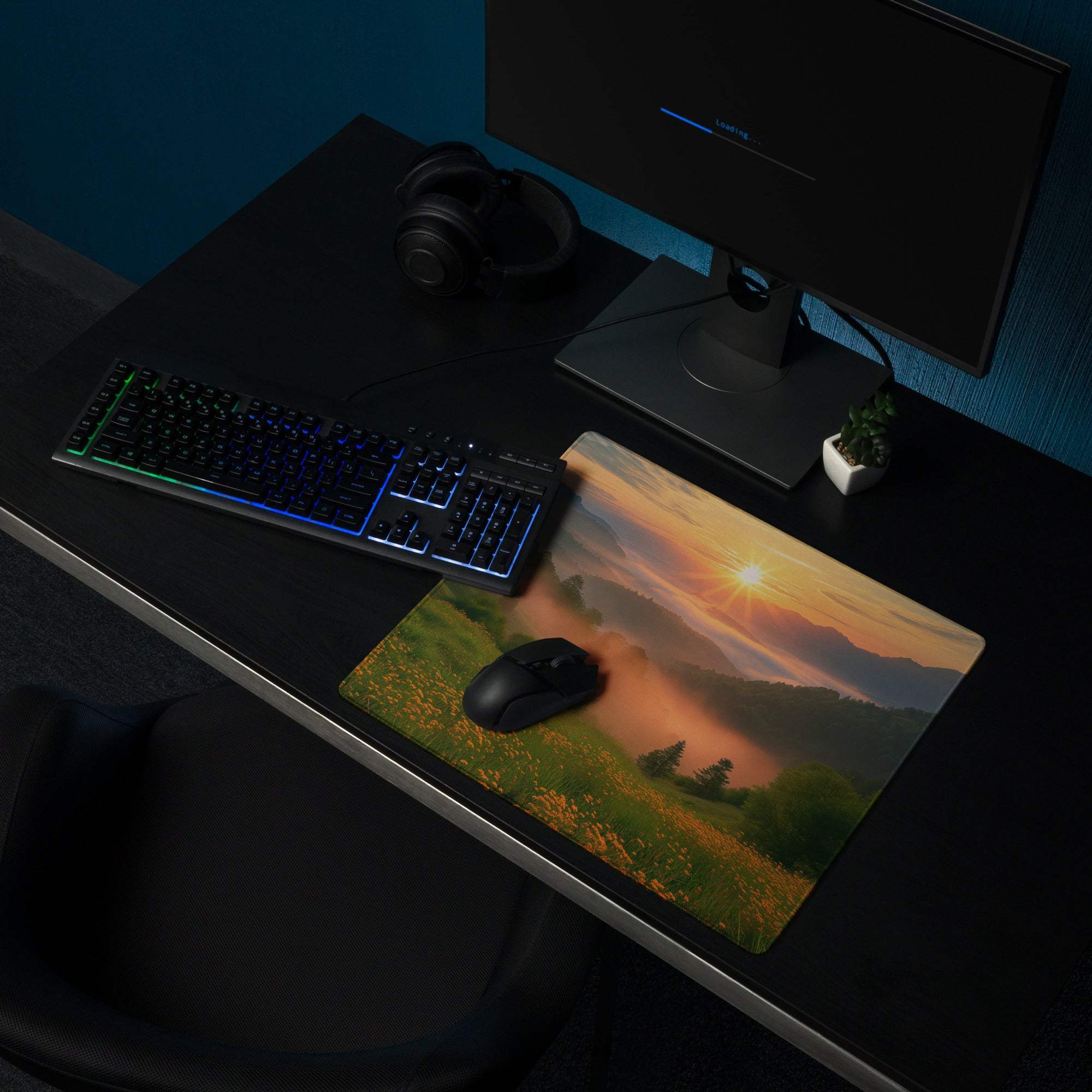 Premium edge-stitched large non-slip gaming mouse pad with mountain sunrise over green fields